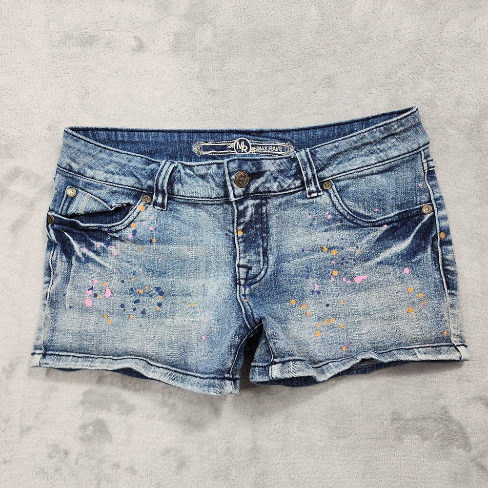 Max Rave Shorts Womens 9 Juniors Blue Splatter Cutoff Denim Hot Pants Casual